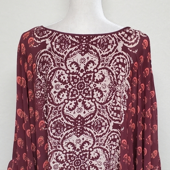 FREE People Marla Dreams Red Paisley Boho Flutter Sleeve Mini Kaftan Dress XS - Picture 9 of 12